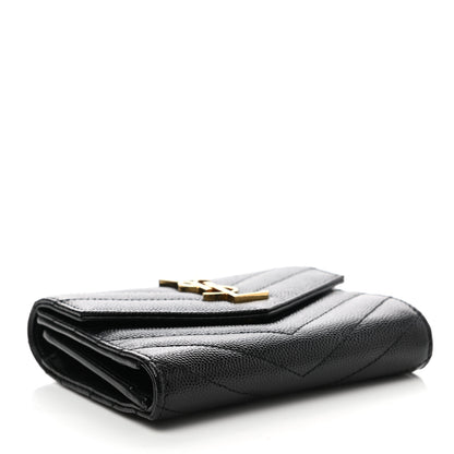 Saint Laurent Grain De Poudre Matelasse Chevron Monogram Compact Tri Fold Wallet Black 4 of 7