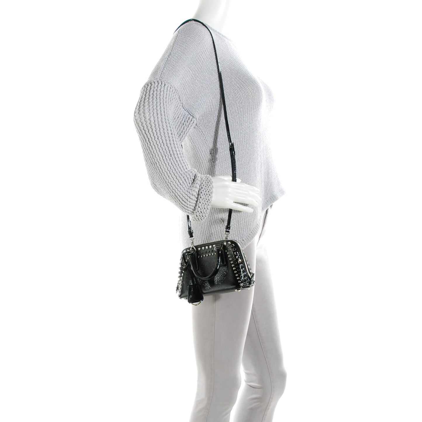 Saffiano Vernice Crystal Studded Mini Promenade Tote Black
