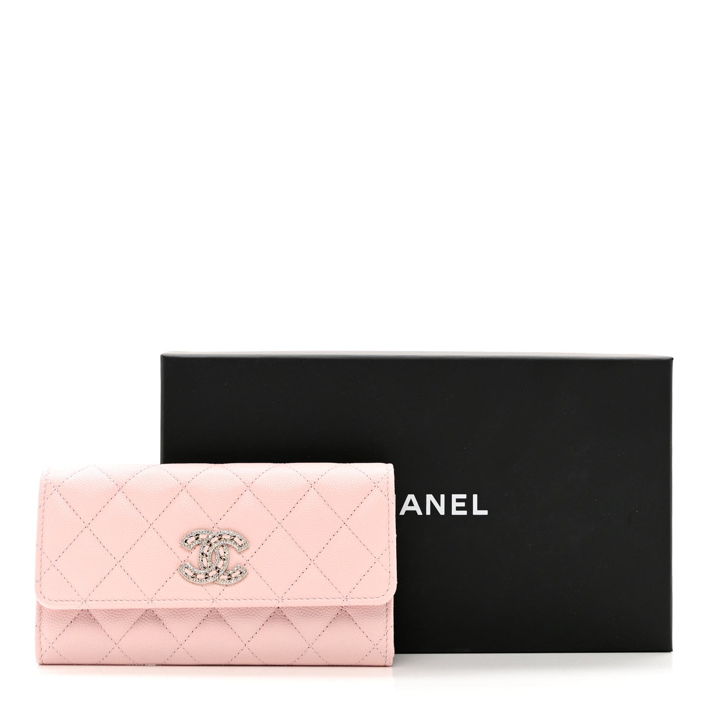 Caviar Quilted Crystal CC Large Gusset Flap Wallet Pink