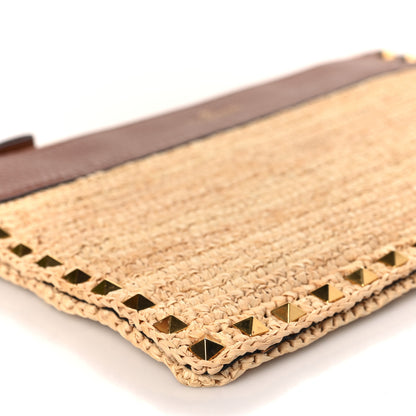 Valentino Garavani Raffia Calfskin Large Rockstud Zip Pouch Naturale Saddle Brown 7 of 8