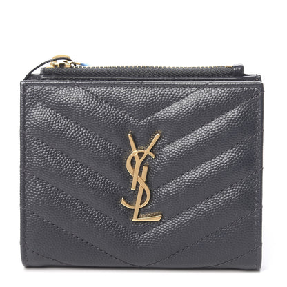 Saint Laurent Grain De Poudre Matelasse Chevron Monogram Zipped Card Case Dark Smog 1 of 8