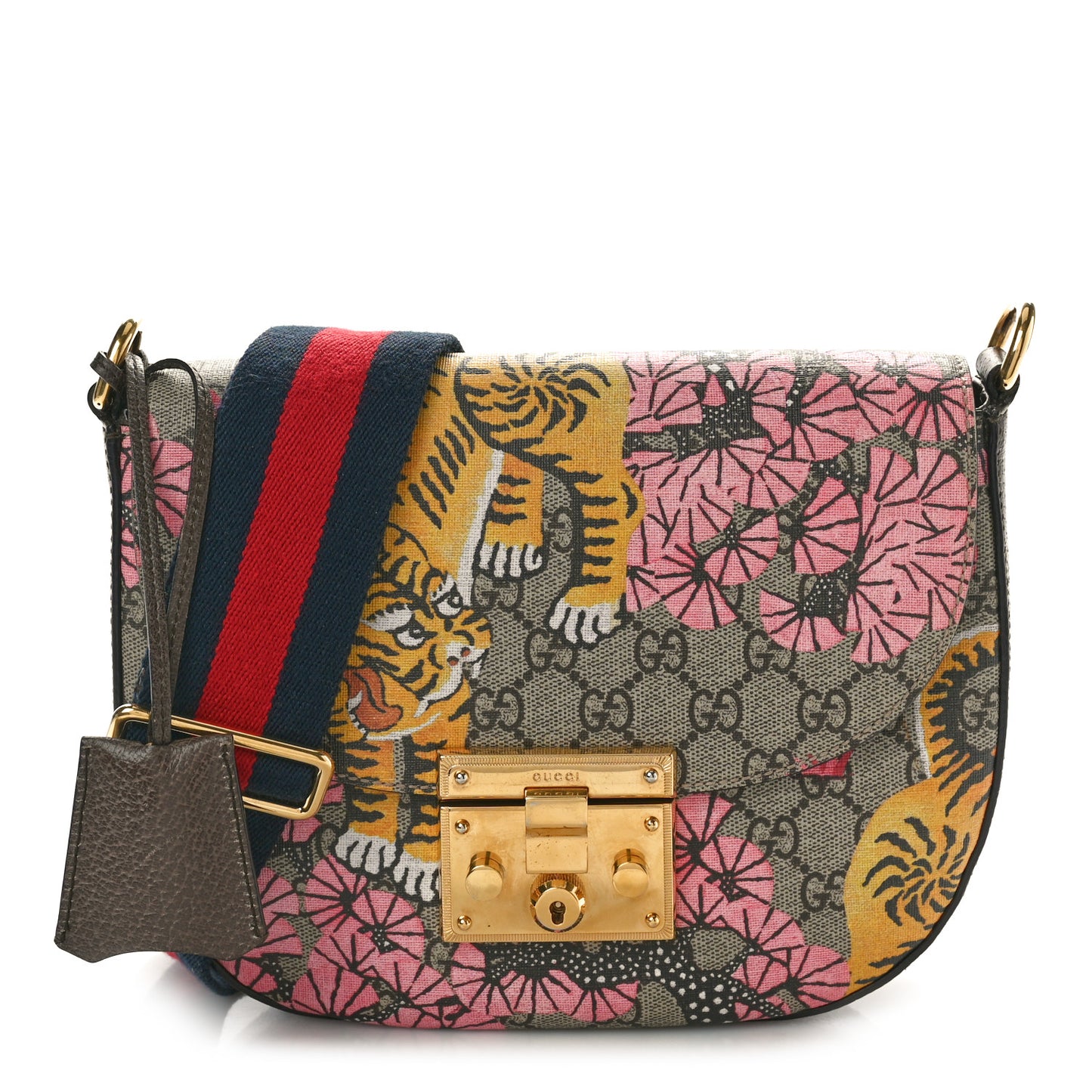 GG Supreme Monogram Bengal Web Medium Padlock Messenger Shoulder Bag Beige Pink