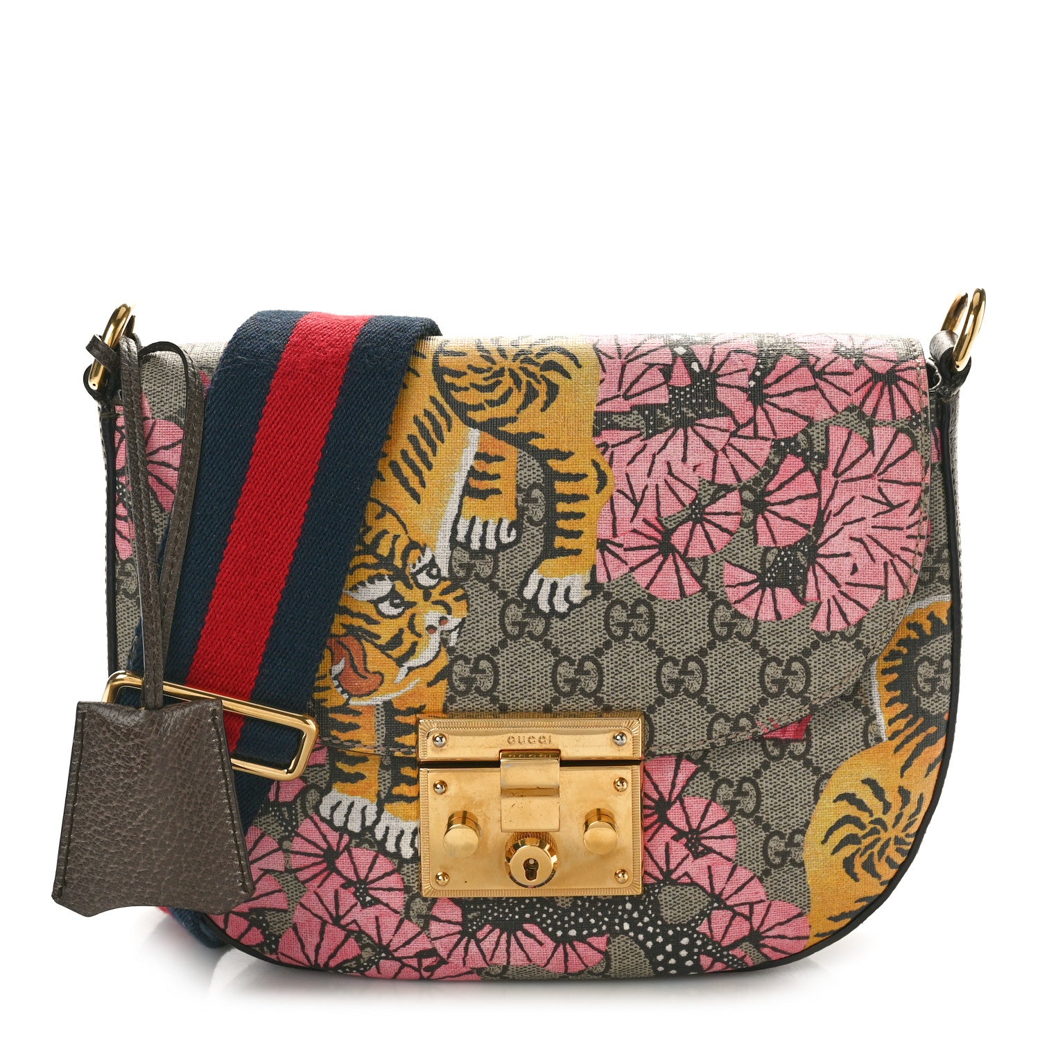 Gucci GG Supreme Monogram Bengal Web Medium Padlock Messenger Shoulder Bag Beige Pink 1 of 10