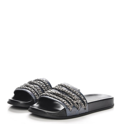 Chanel Lambskin Chain Flat Sandals 39 Dark Blue 3 of 10
