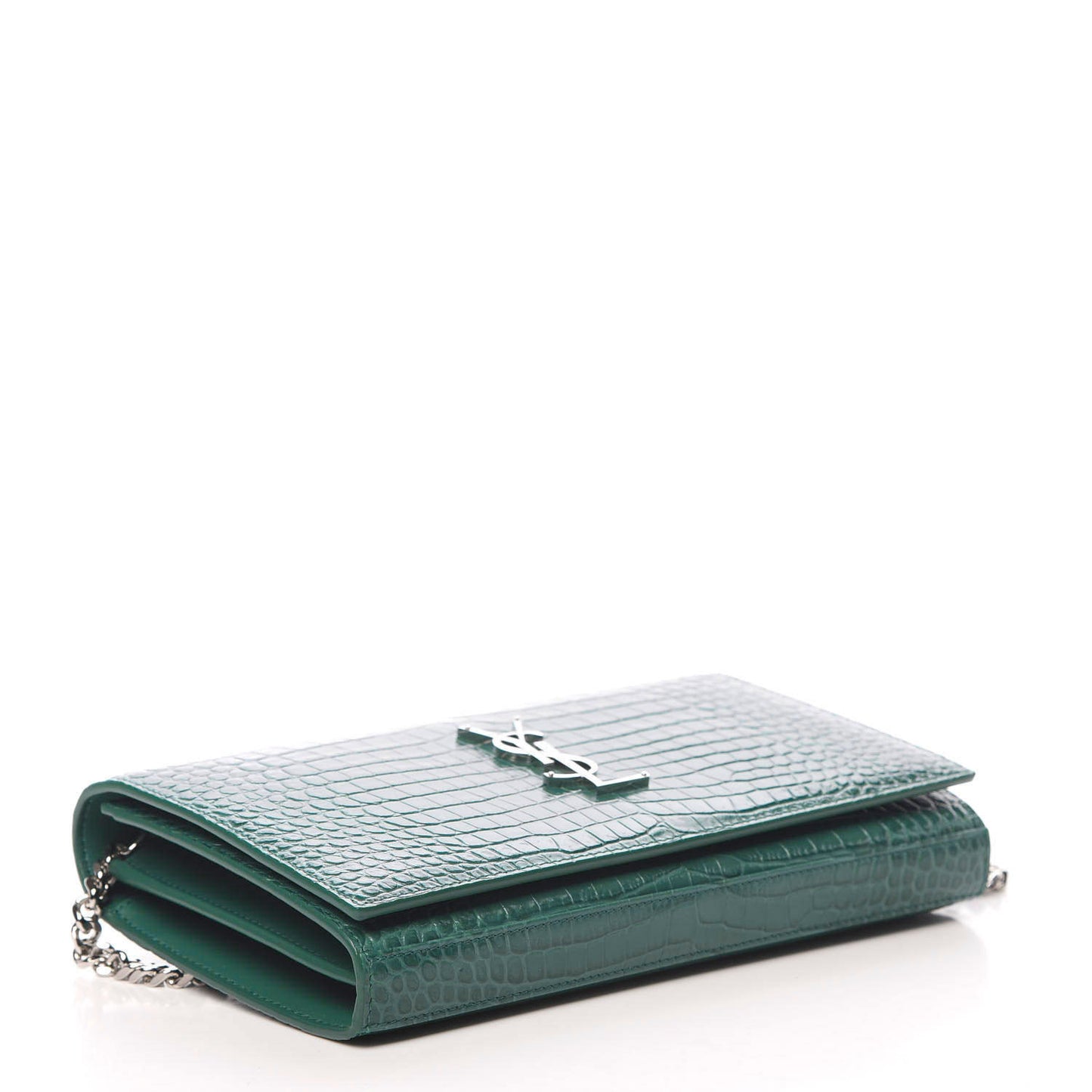 Calfskin Crocodile Embossed Monogram Chain Wallet Water Green