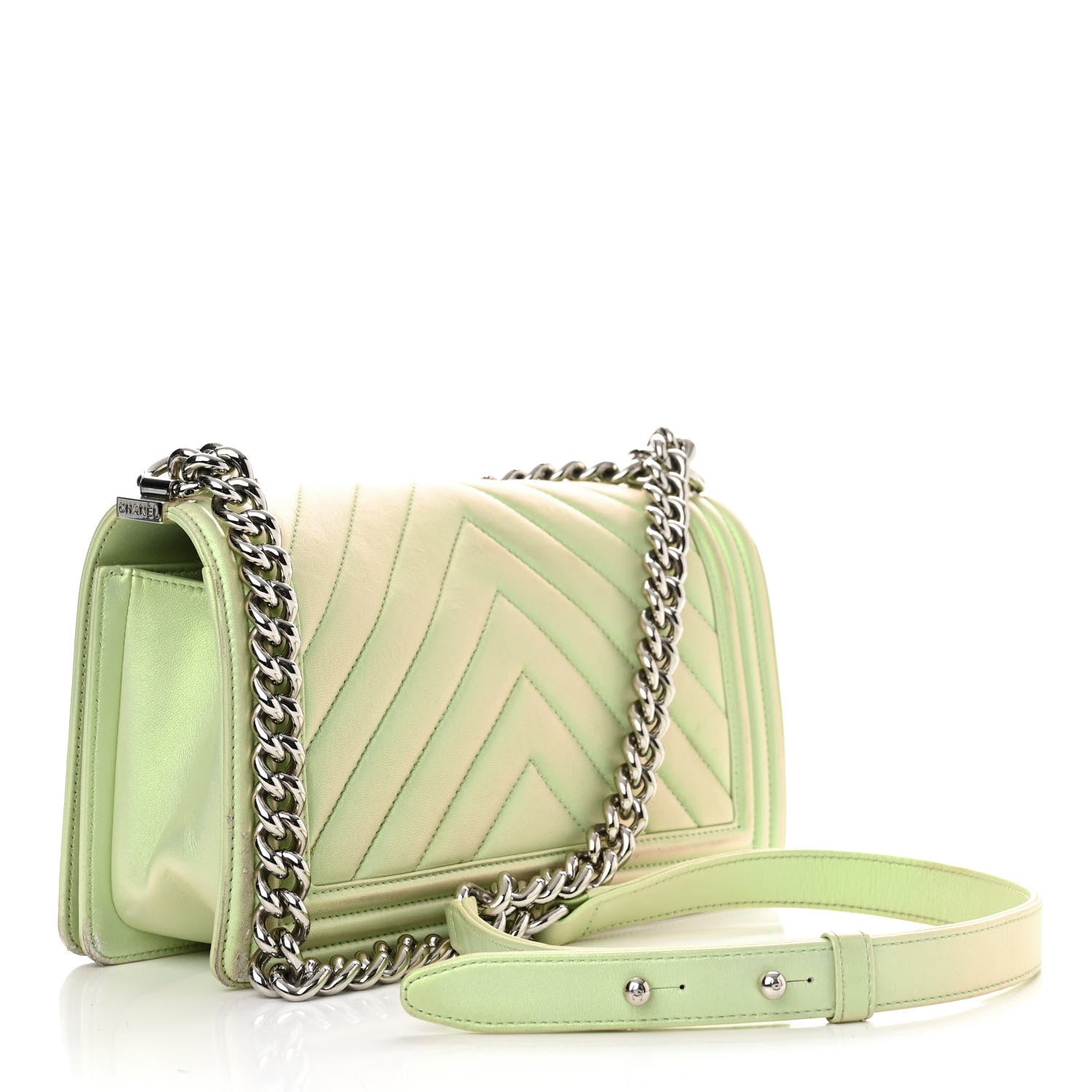 Chanel Iridescent Lambskin Chevron Quilted Medium Boy Flap Green 3 of 17