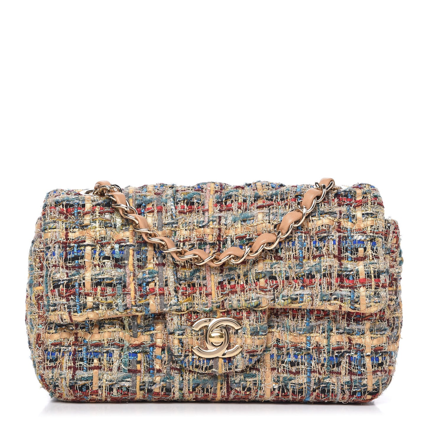 Tweed Quilted Mini Rectangular Flap Gold Blue