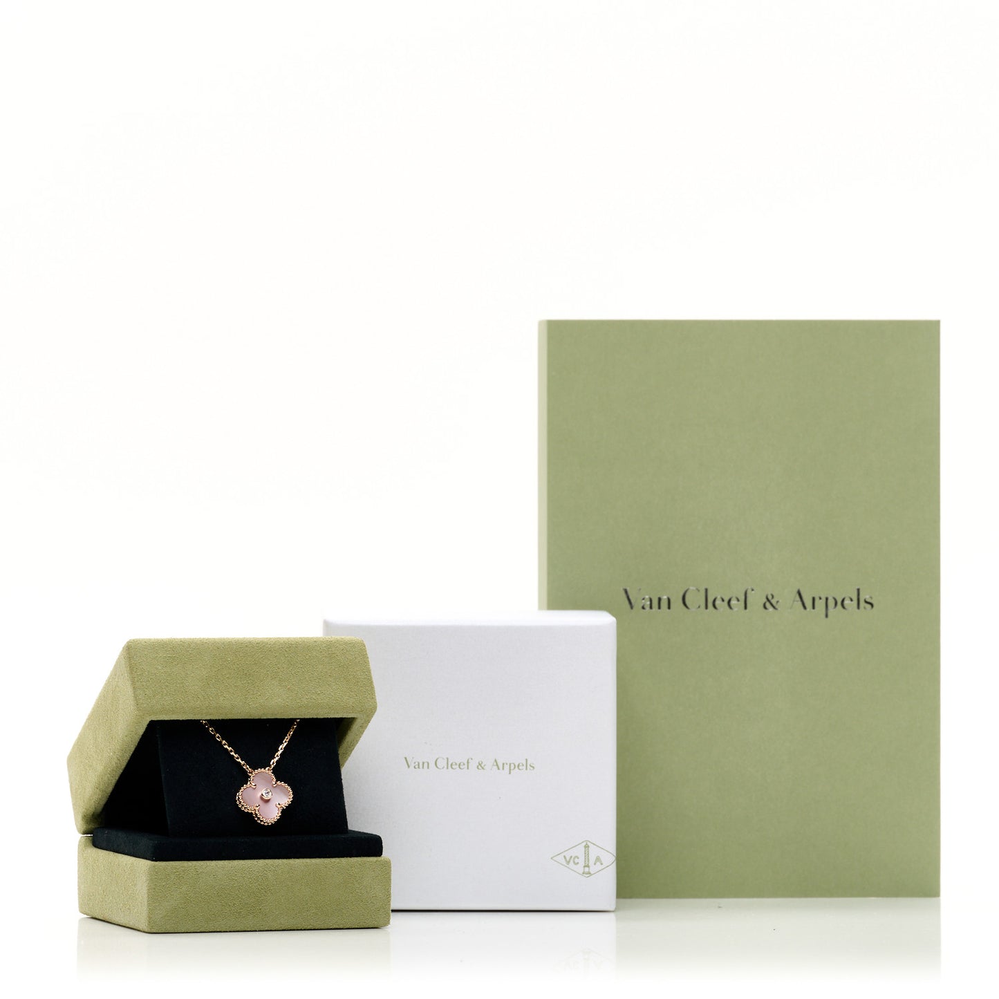 18K Rose Gold Diamond Pink Mother of Pearl Vintage Alhambra Pendant Necklace