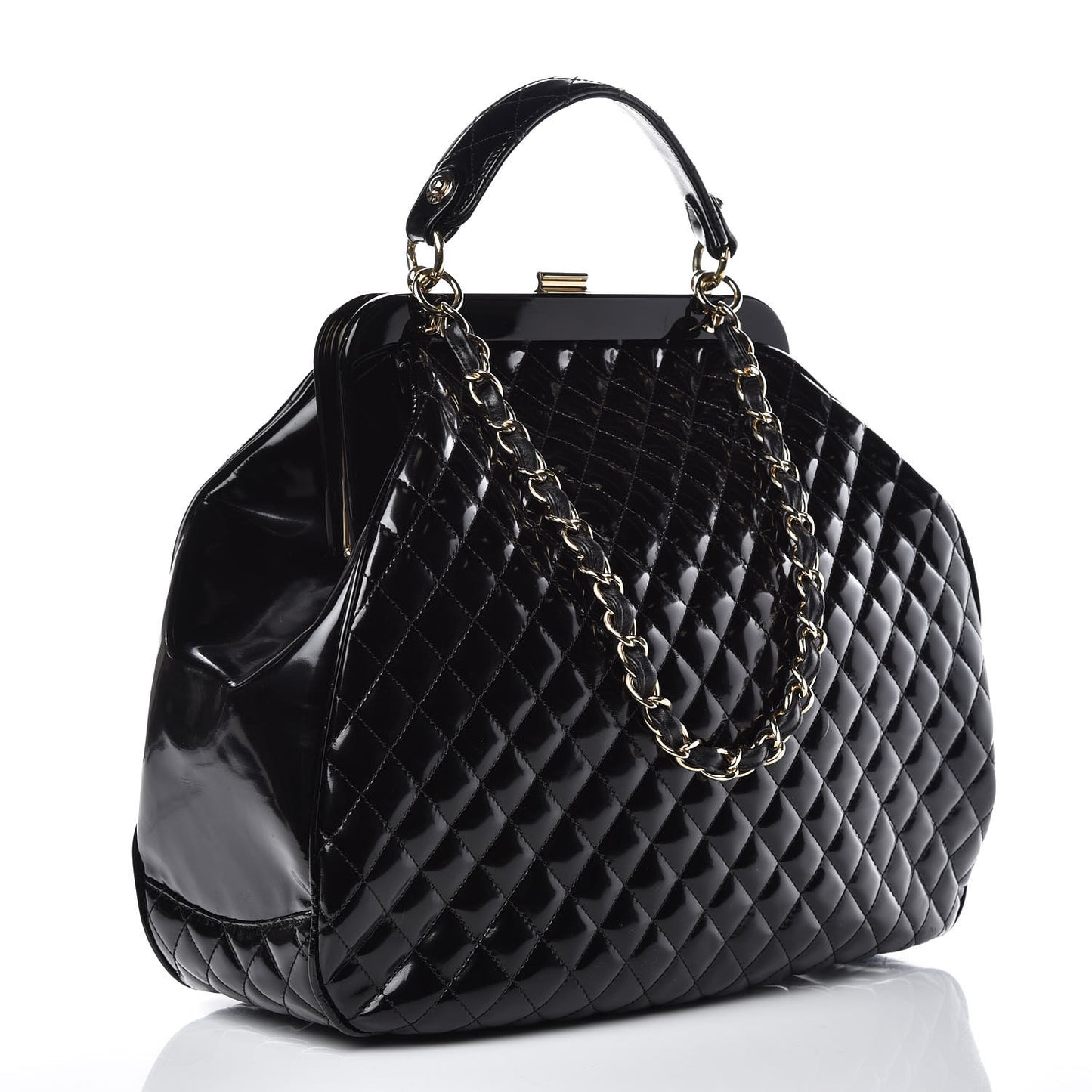 Glazed Calfskin Quilted Mademoiselle Large Frame Bag Black