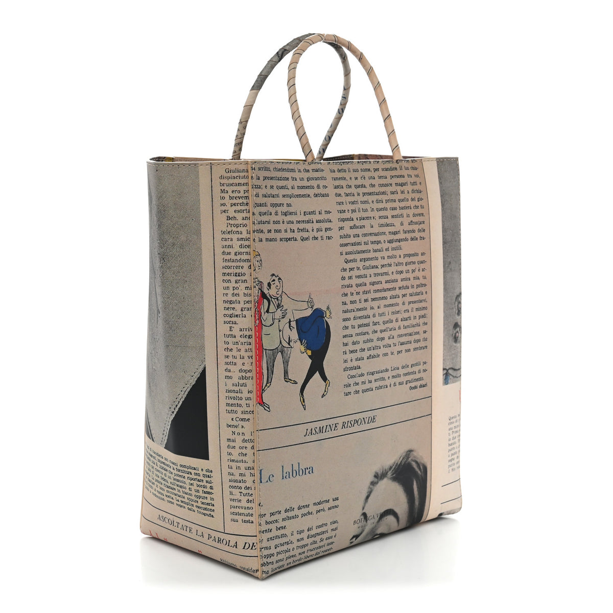 Newspaper Print Small Shopper Tote Beige Multicolor