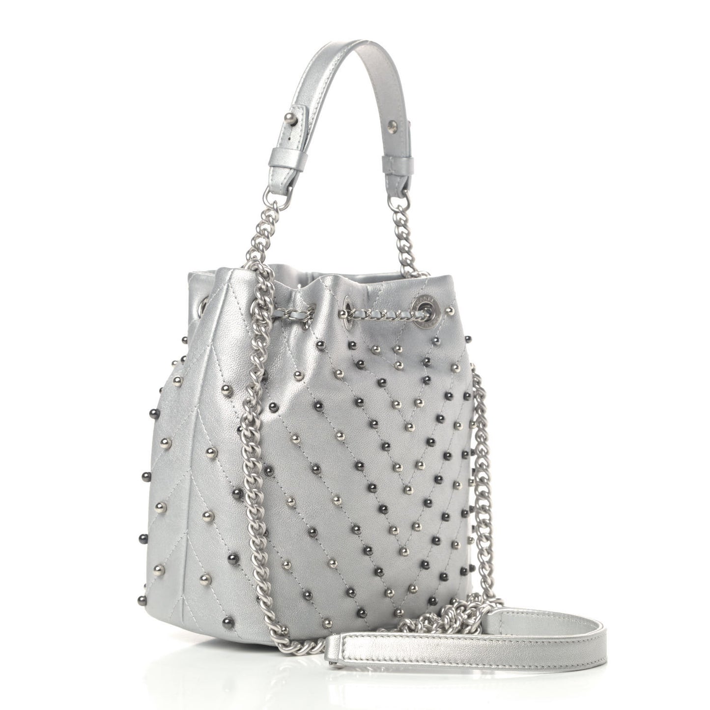 Metallic Lambskin Studded Chevron Quilted Small Stud Wars Drawstring Bag Silver