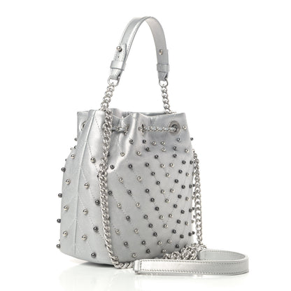 Chanel Metallic Lambskin Studded Chevron Quilted Small Stud Wars Drawstring Bag Silver 2 of 4