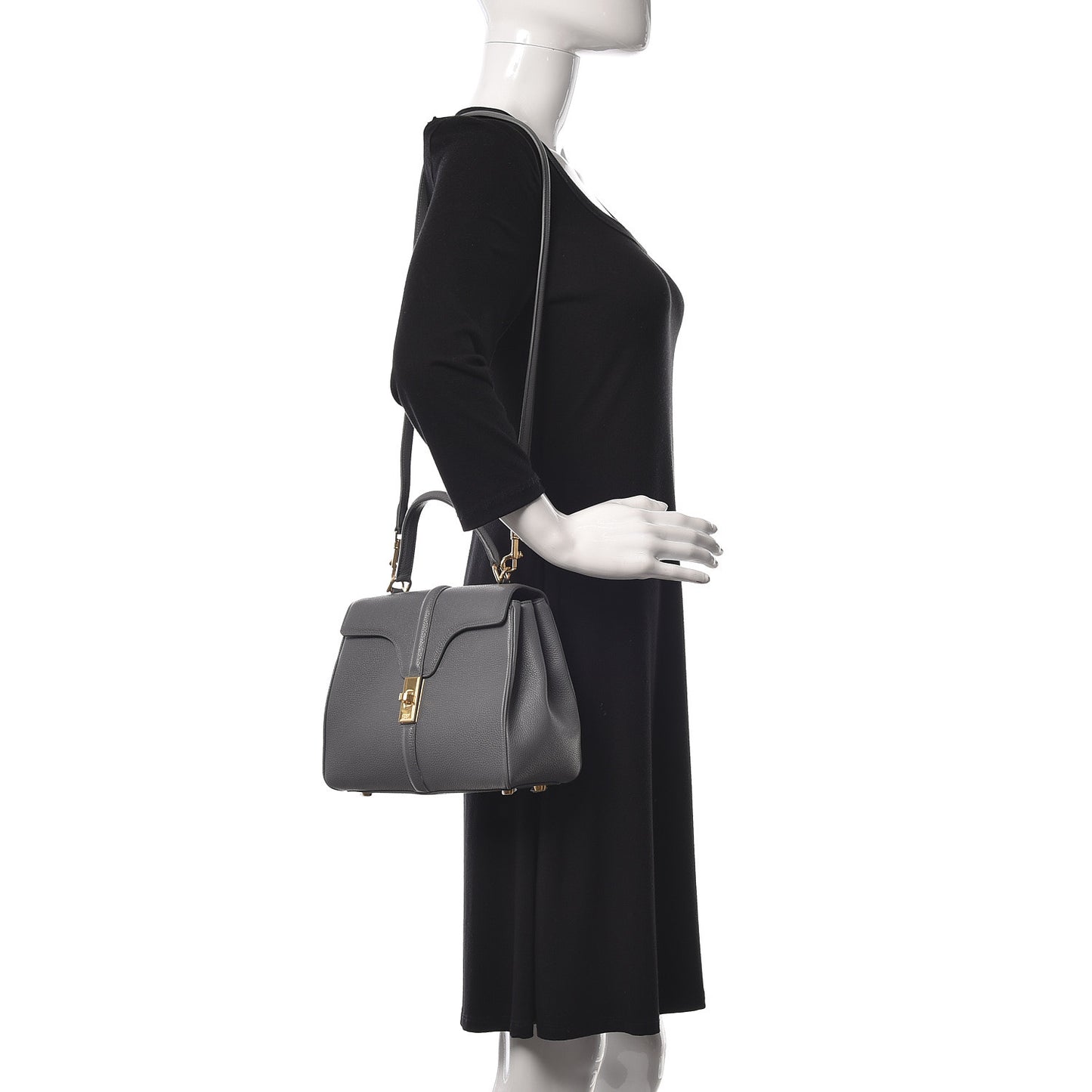 Grained Calfskin Small 16 Top Handle Bag Medium Grey