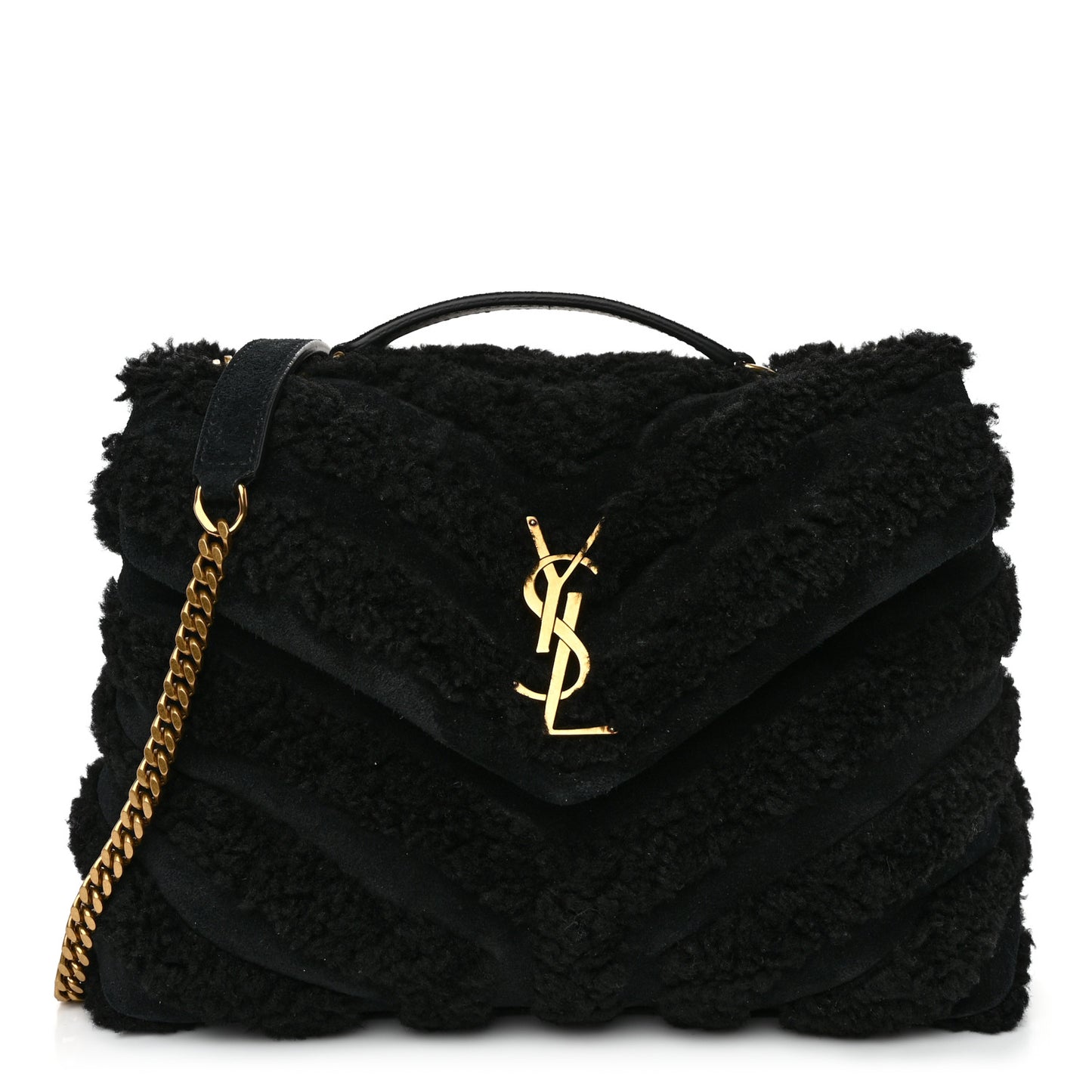 Suede Shearling Y Quilted Monogram Small Loulou Chain Satchel Black
