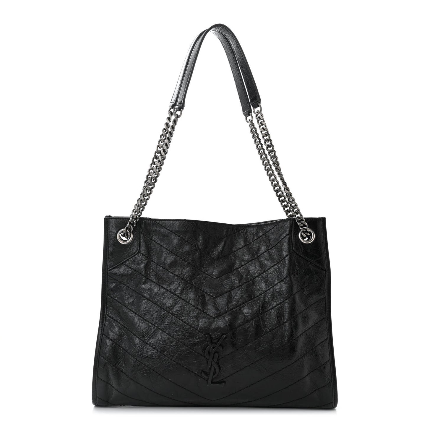 Crinkled Calfskin Matelasse Monogram Medium Niki Shopper Tote Black