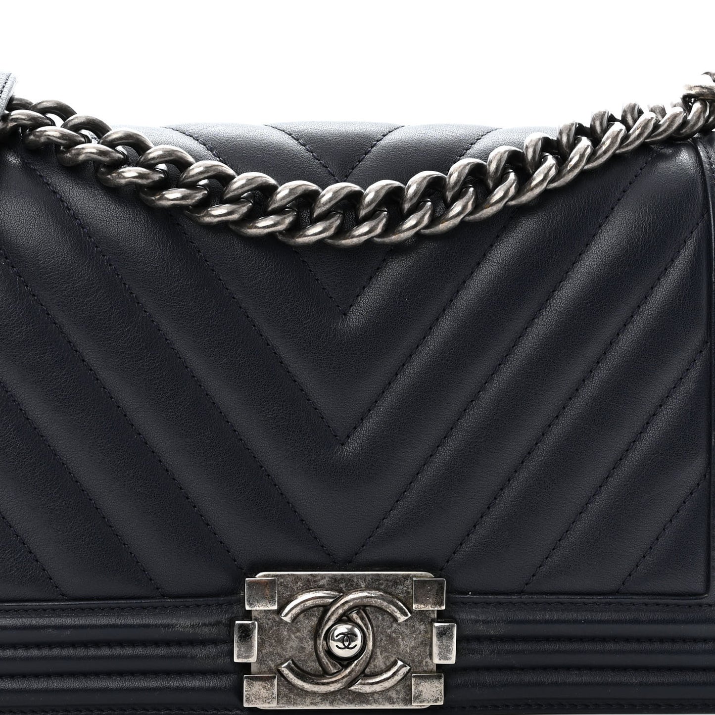 Calfskin Chevron Medium Boy Flap Navy