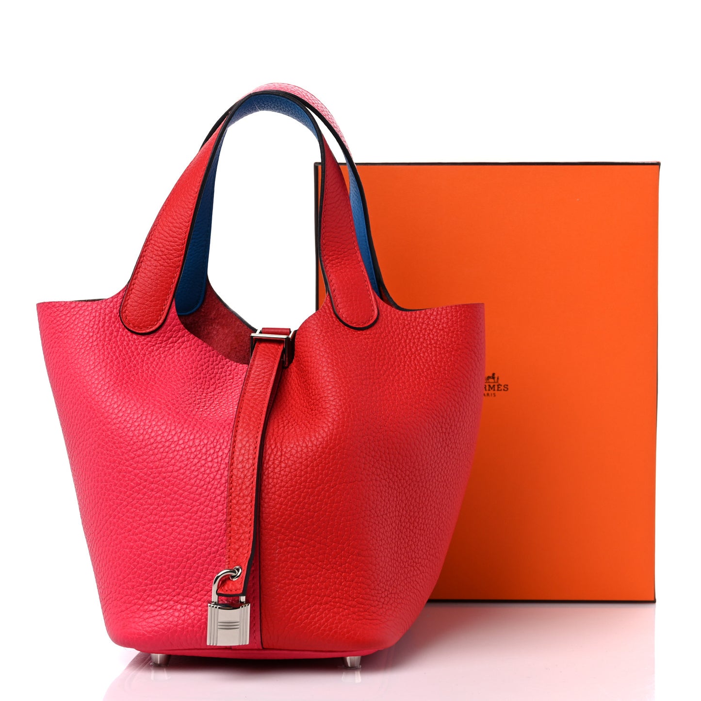 Taurillon Clemence Tri-Color Picotin Lock 18 PM Rouge Coeur Rose Extreme Bleu Zanzibar