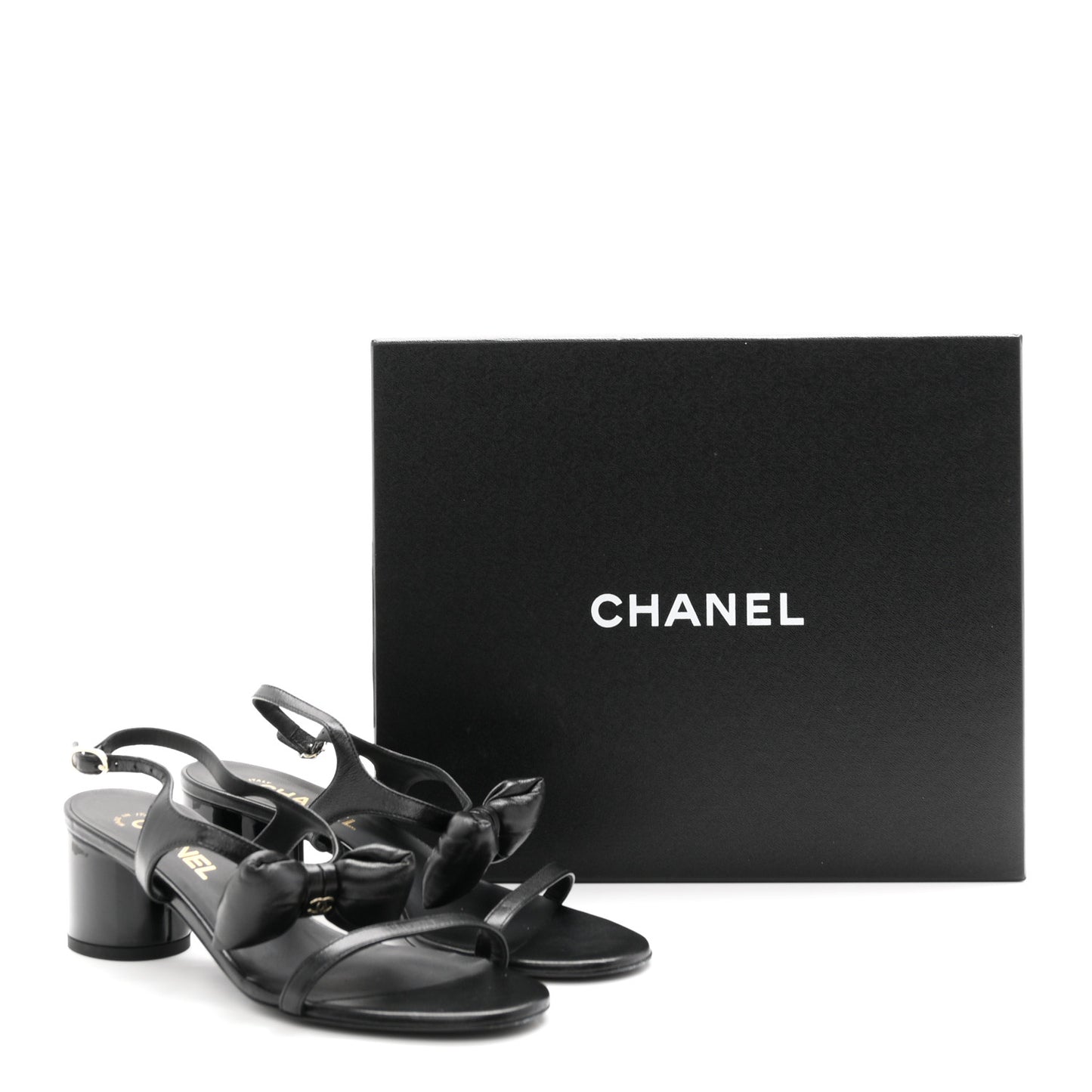Lambskin CC Bow 55mm Sandals 38.5 Black