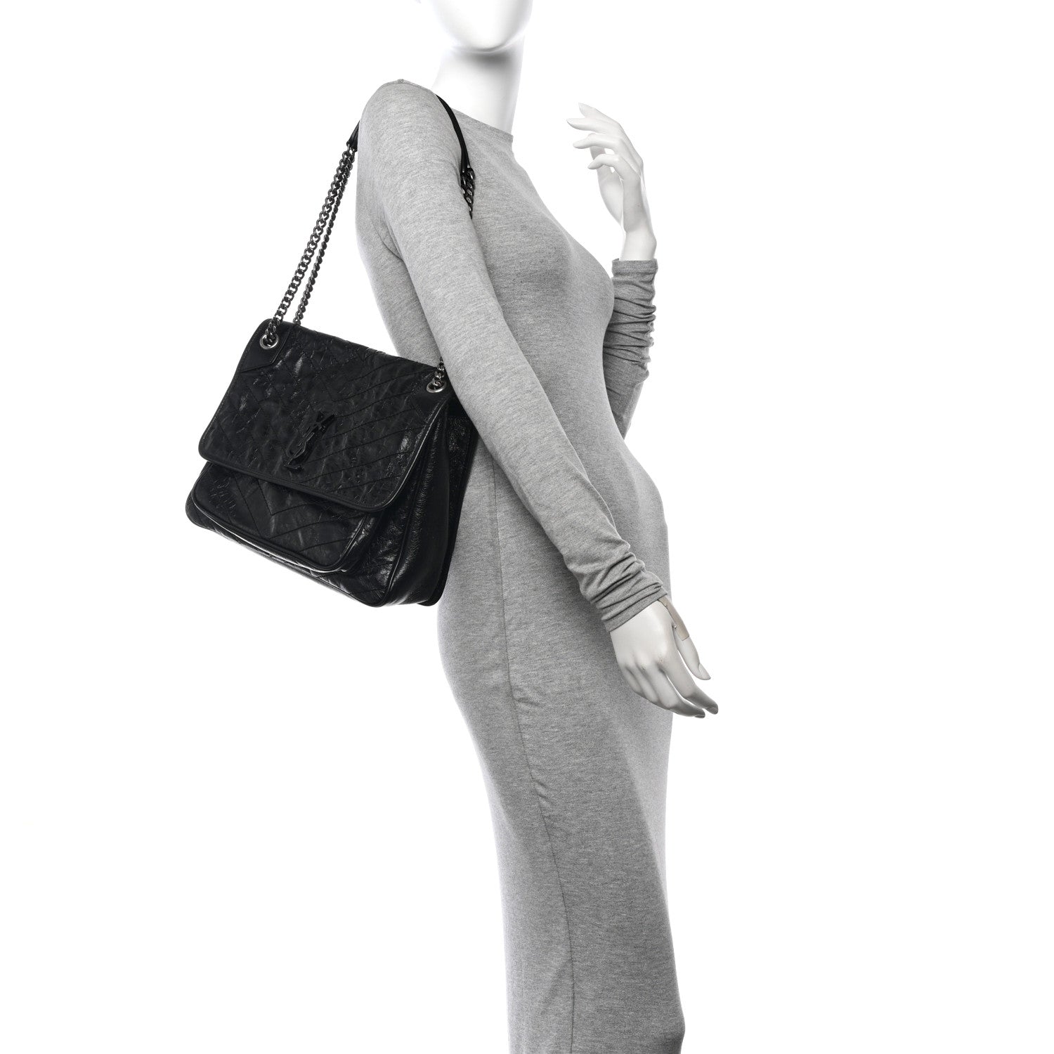 Saint Laurent Crinkled Calfskin Matelasse Monogram Large Niki Chain Satchel Black 3 of 14