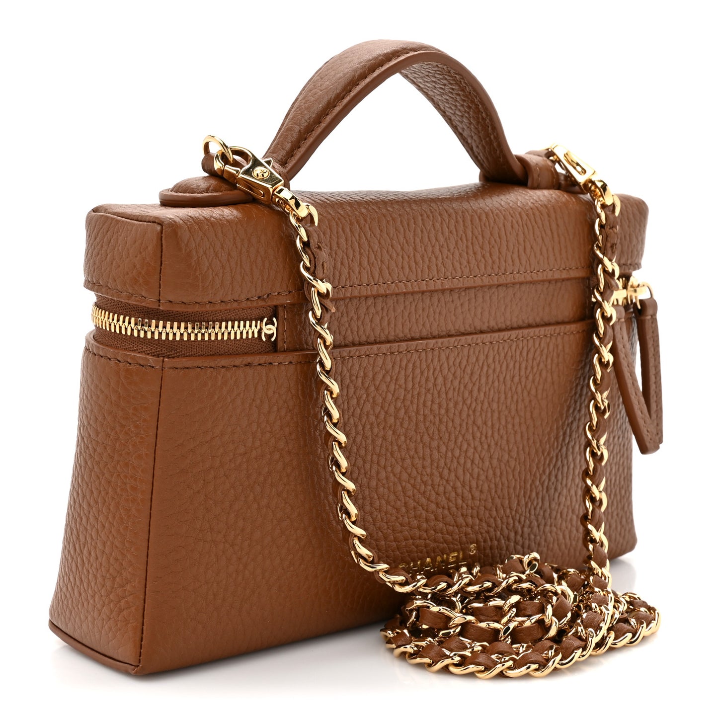 Grained Calfskin Top Handle Slim Vanity Case With Chain Camel