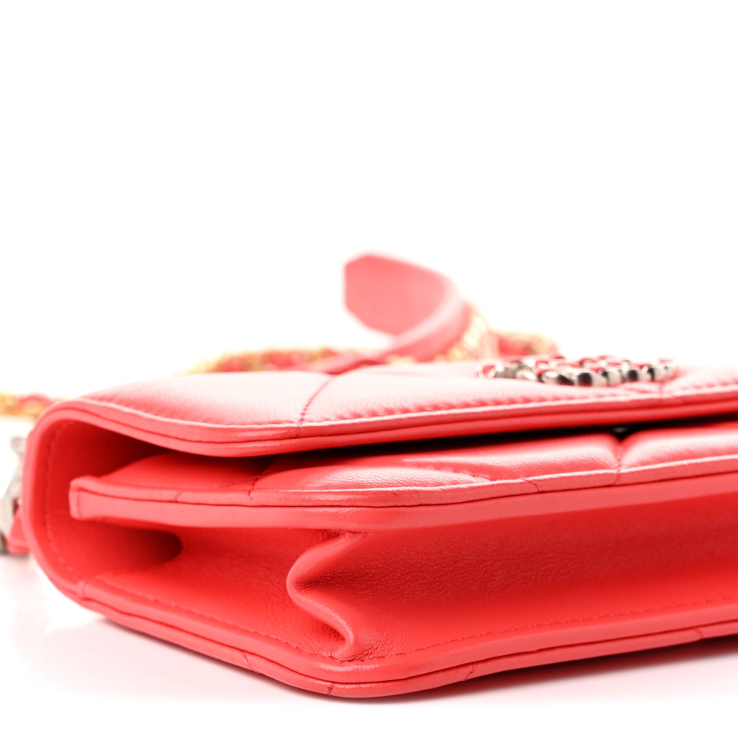 Lambskin Quilted Chanel 19 Flap Phone Holder With Chain Coral
