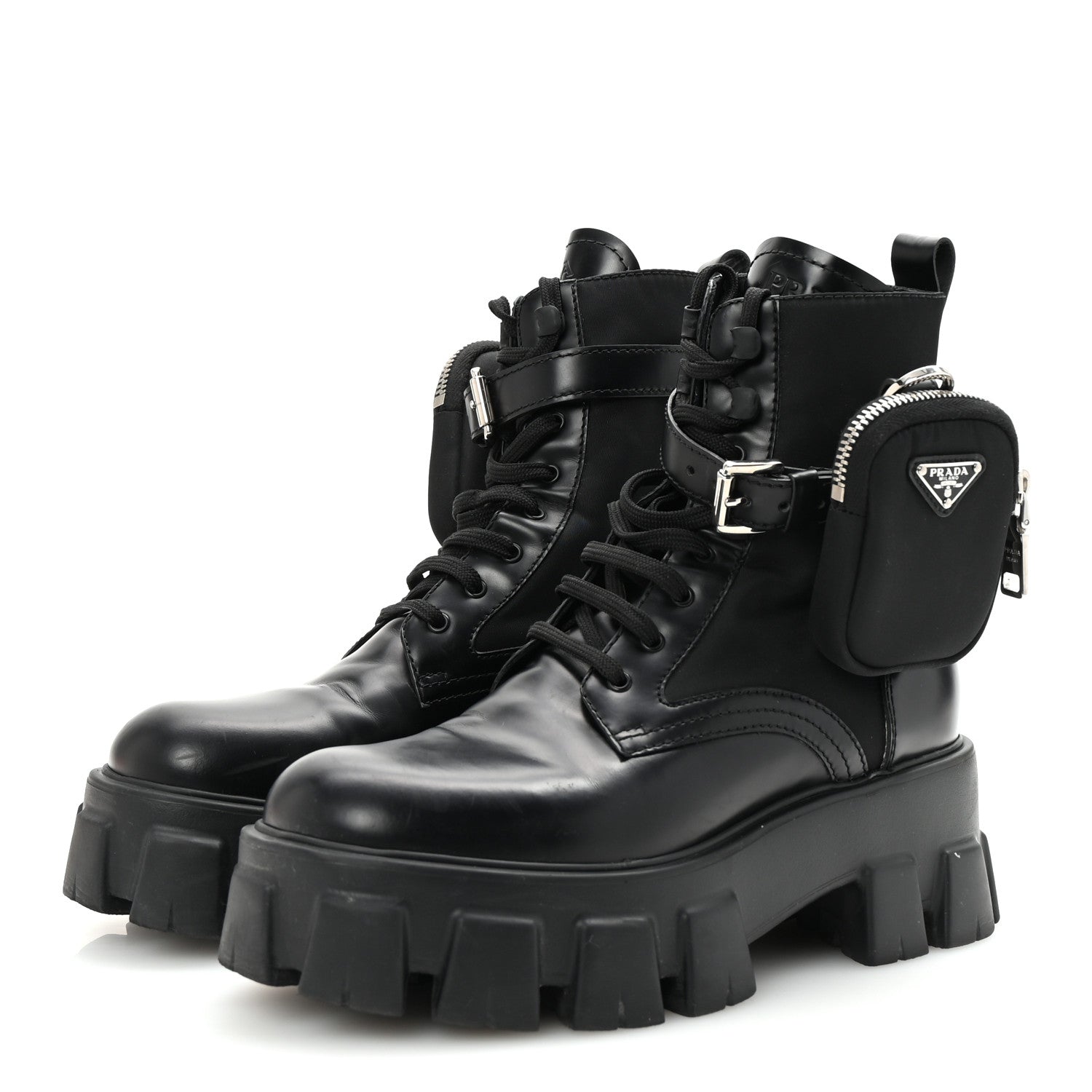 Prada Spazzolato Rois Nylon Metal Triangle Logo Monolith Pouch Pocket 55mm Boots 38 Black 4 of 9