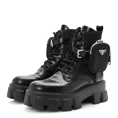 Prada Spazzolato Rois Nylon Metal Triangle Logo Monolith Pouch Pocket 55mm Boots 38 Black 4 of 9