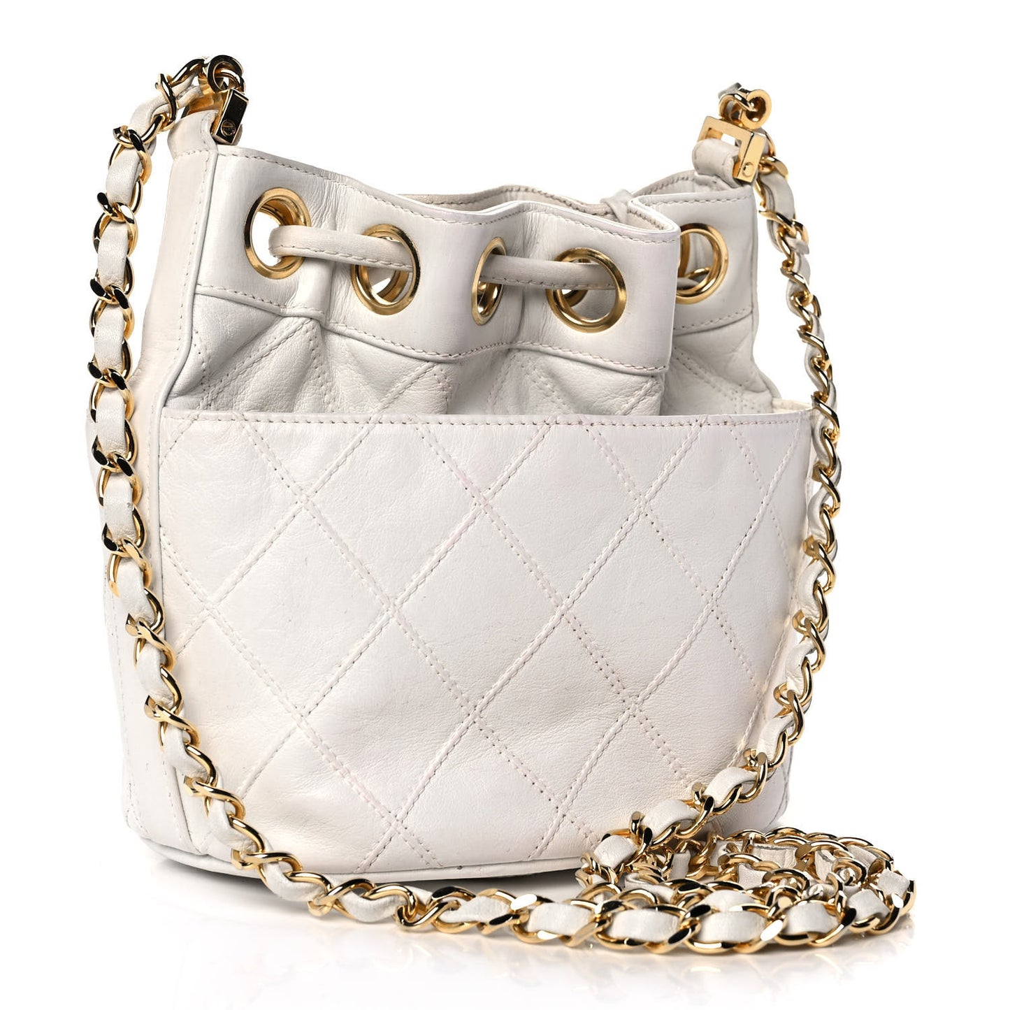 Calfskin Quilted CC Drawstring Bag White