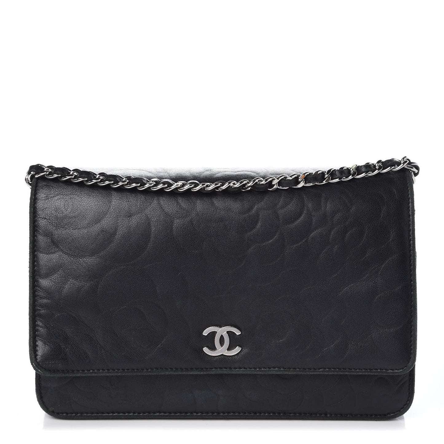 Lambskin Camellia Embossed Wallet On Chain WOC Black