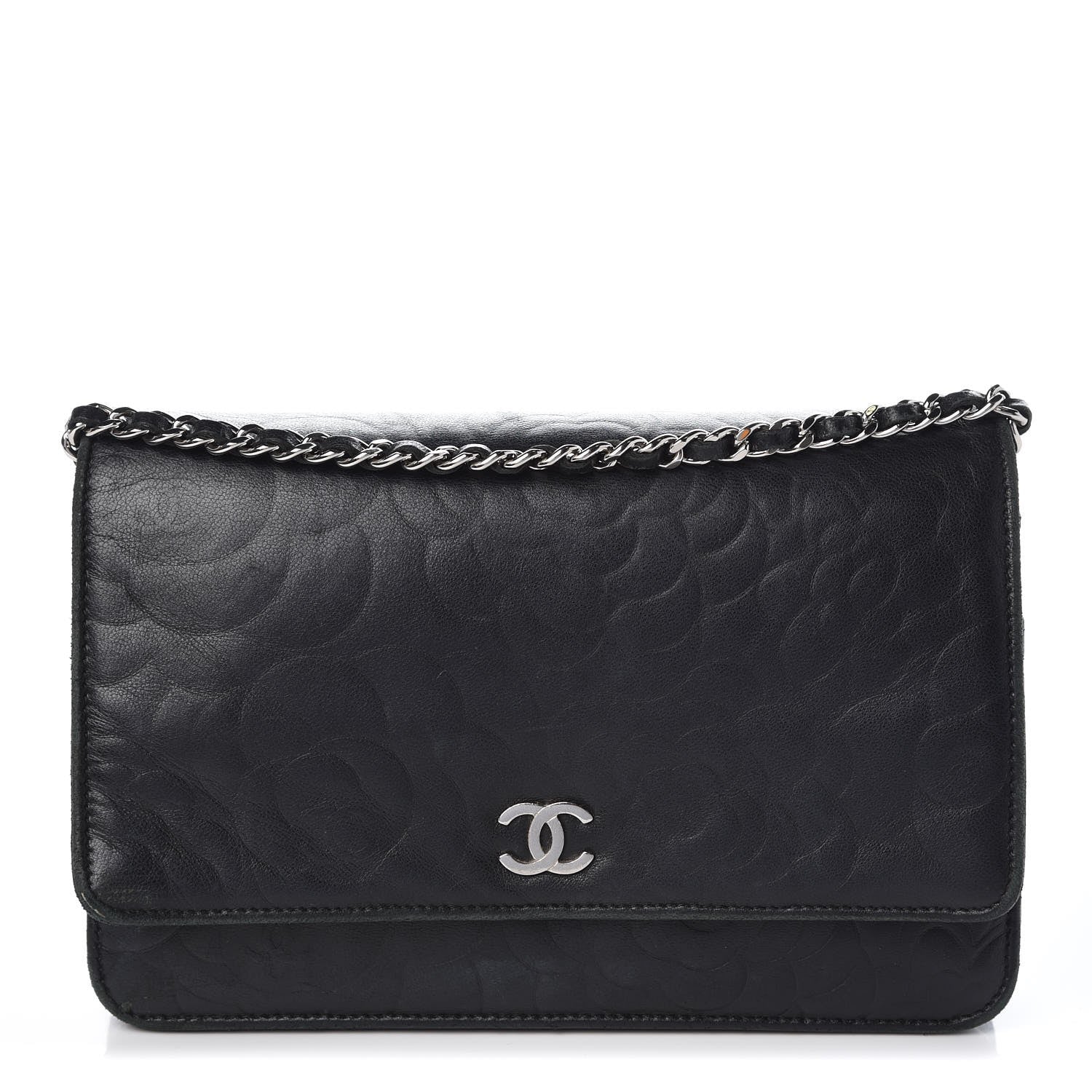 Chanel Lambskin Camellia Embossed Wallet On Chain WOC Black 1 of 11