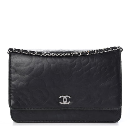Chanel Lambskin Camellia Embossed Wallet On Chain WOC Black 1 of 11