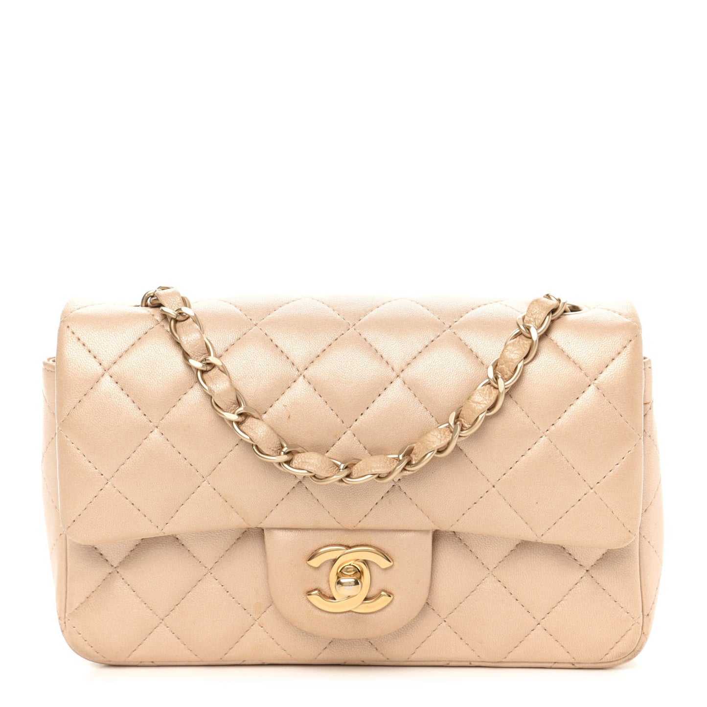 Metallic Lambskin Quilted Mini Rectangular Flap Beige