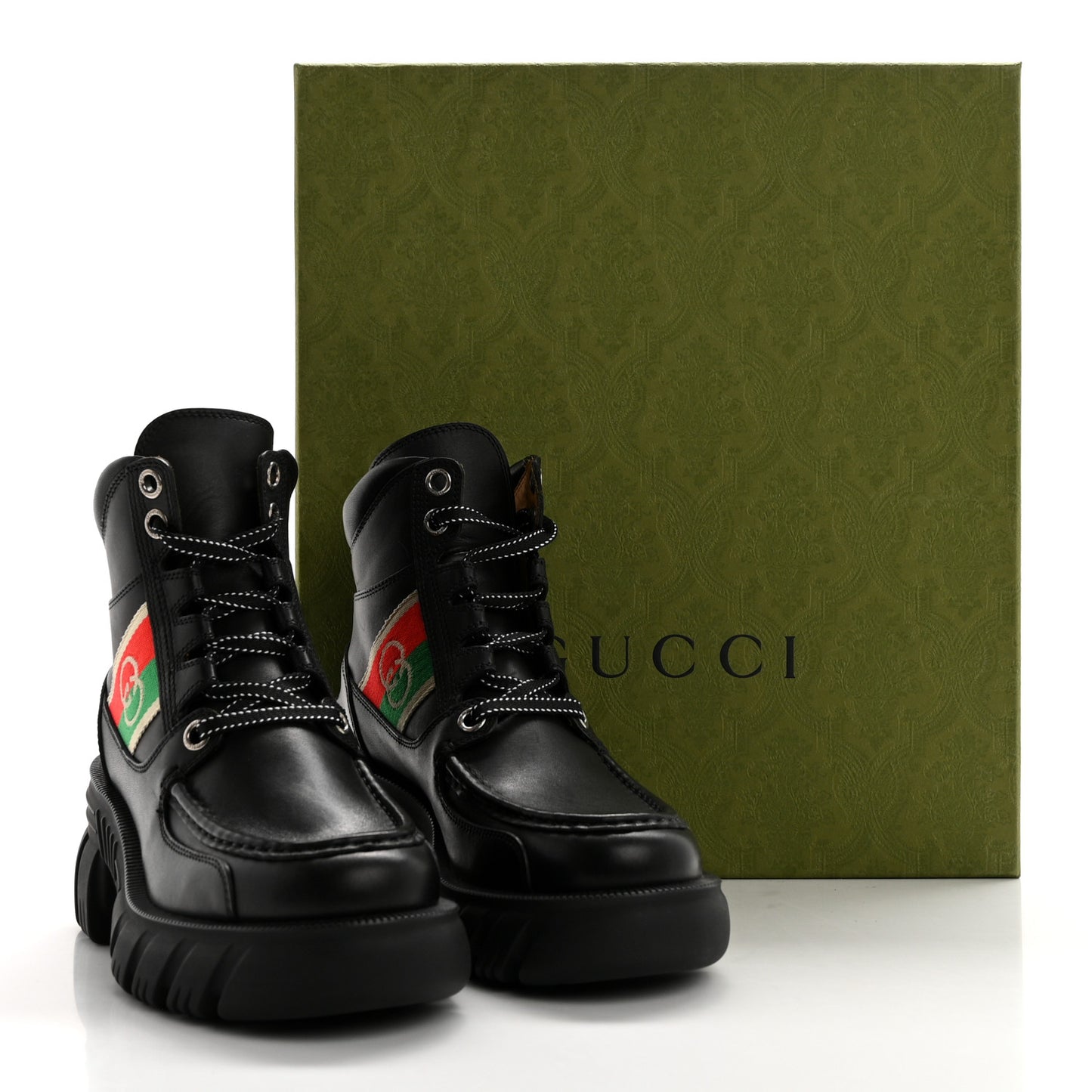 Quebec Calfskin Web Womens Interlocking G Lace Up Combat Boots 35 Black Mystic White Green Red