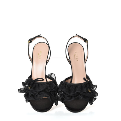 Gucci Tulle Ruffle Mid Heel Slingback Sandals 37.5 Black 5 of 11