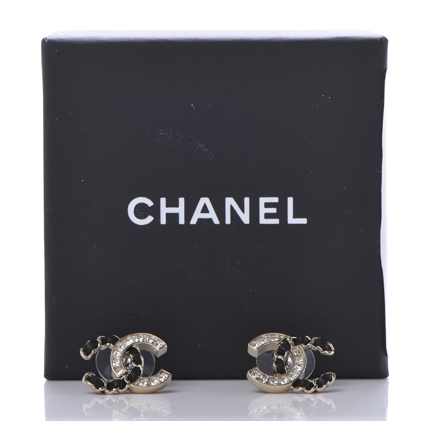 Crystal Baguette Lambskin Chain CC Vintage Allure Stud Earrings Black Gold