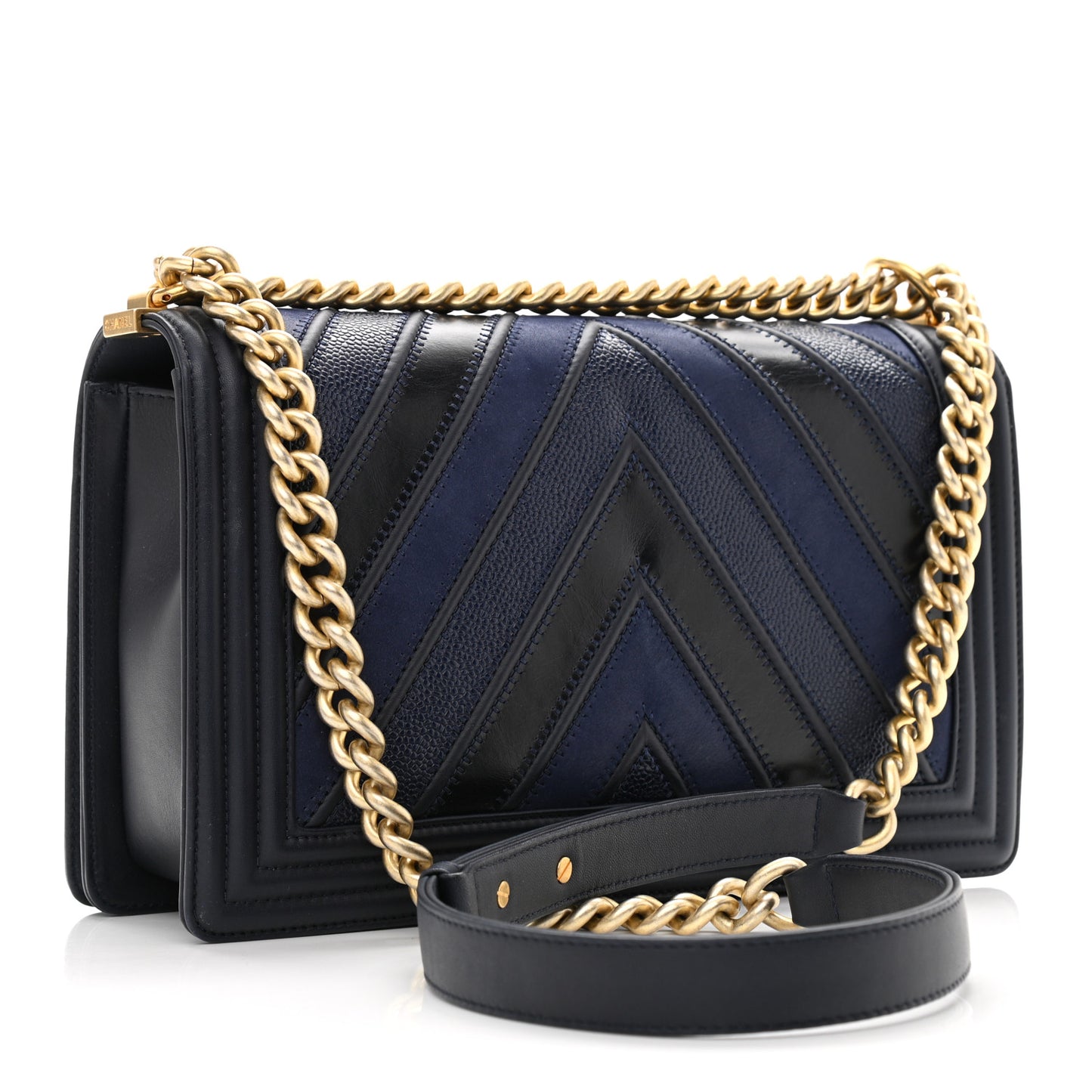 Caviar Suede Calfskin Chevron New Medium Boy Flap Navy