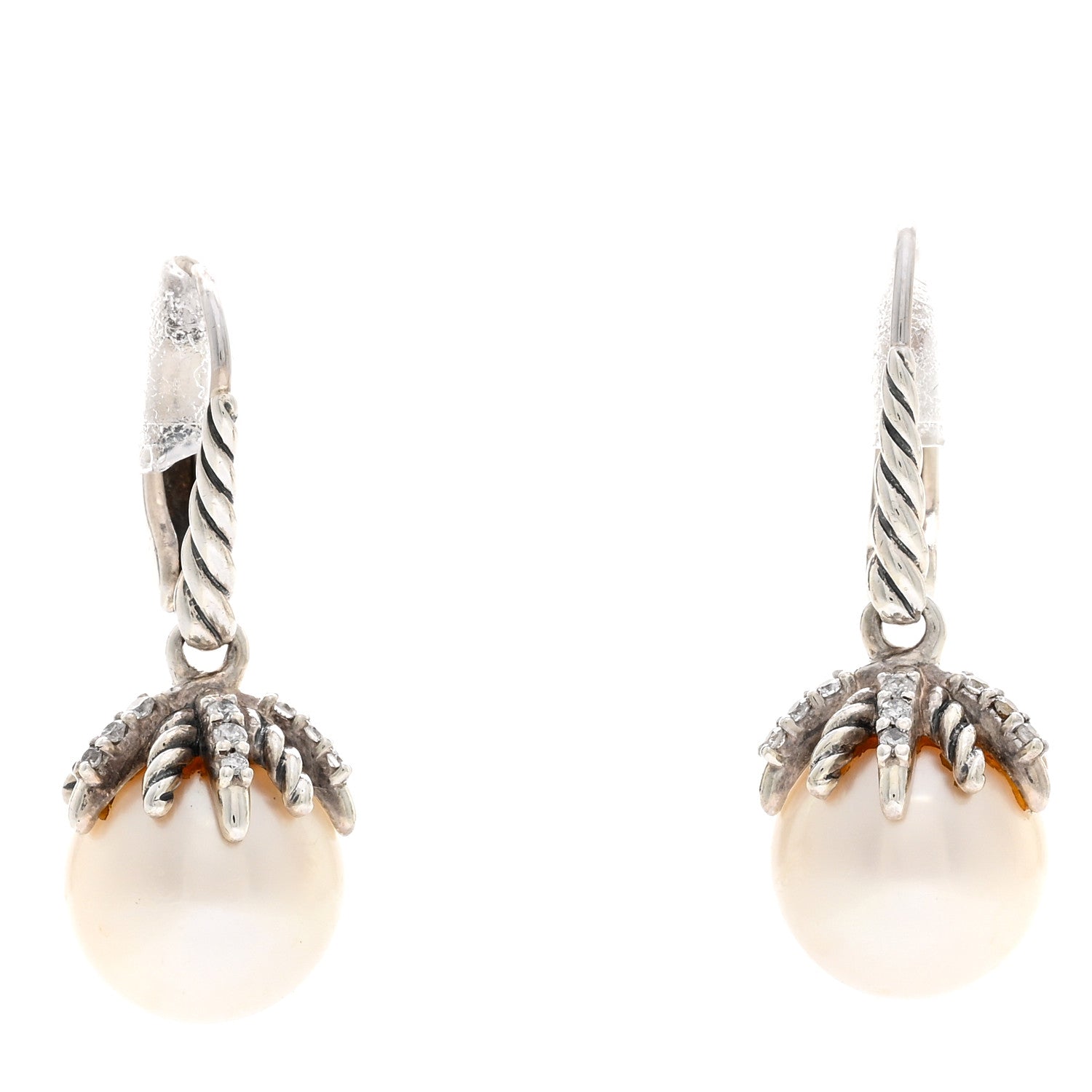 David Yurman Sterling Silver Diamond 9.5mm Pearl Starburst Drop Earrings 1 of 4