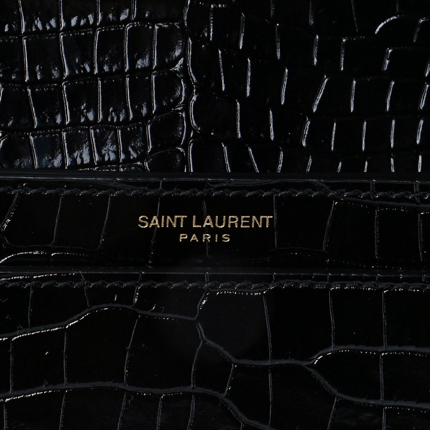 Patent Calfskin Crocodile Embossed Monogram Cassandra Chain Wallet Black