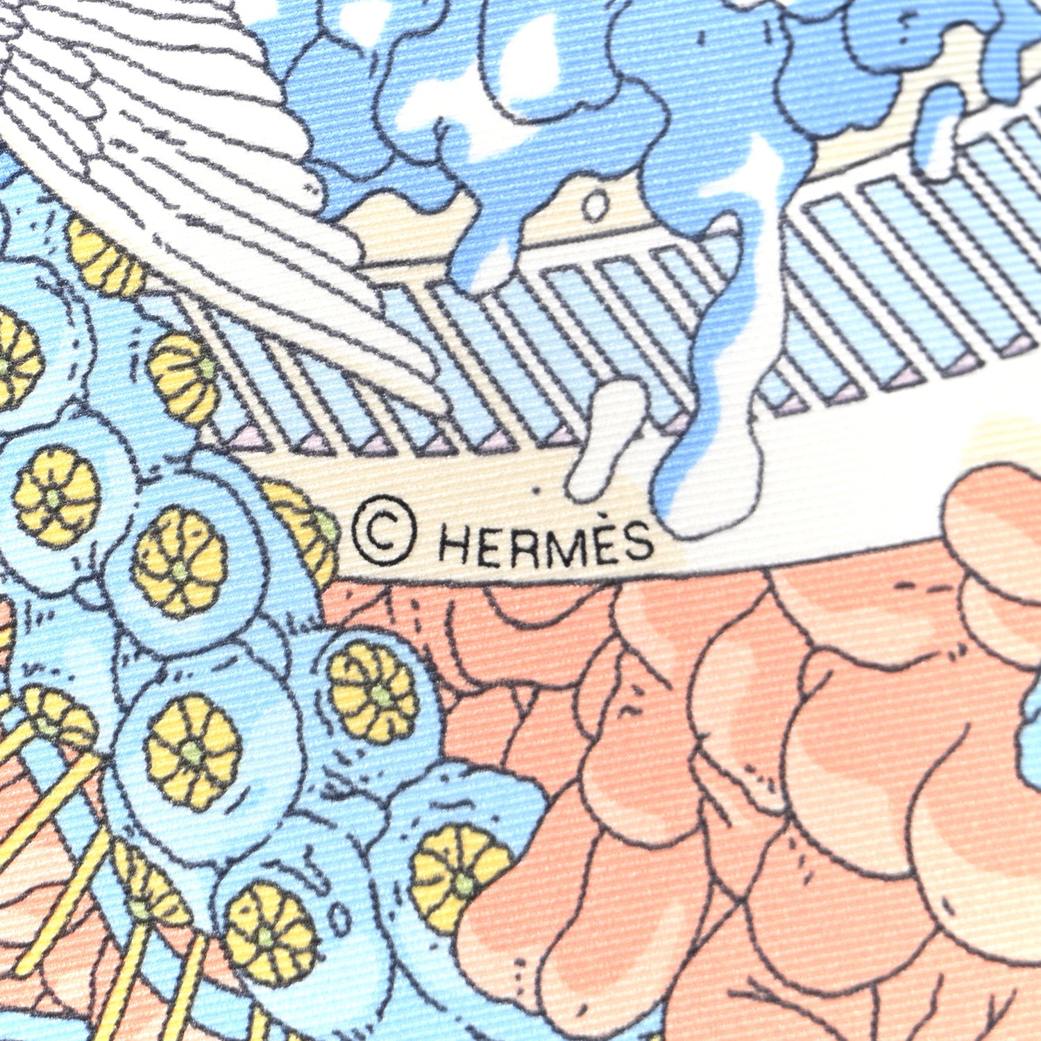Hermes Vintage Silk Ex Libris Atlantis Scarf 70 Bleu Ciel Rose Jaune 3 of 4