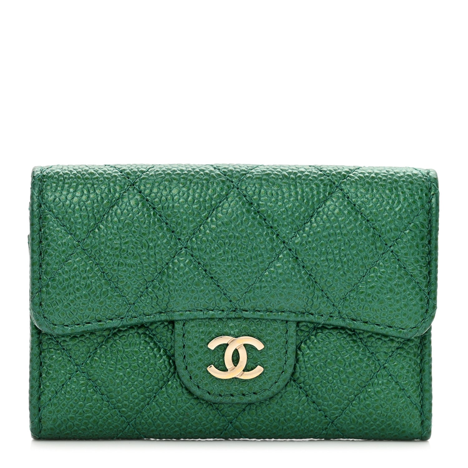Chanel Metallic Caviar Quilted Flap Card Holder Wallet Green 1 of 9