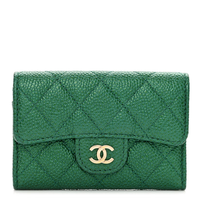 Chanel Metallic Caviar Quilted Flap Card Holder Wallet Green 1 of 9