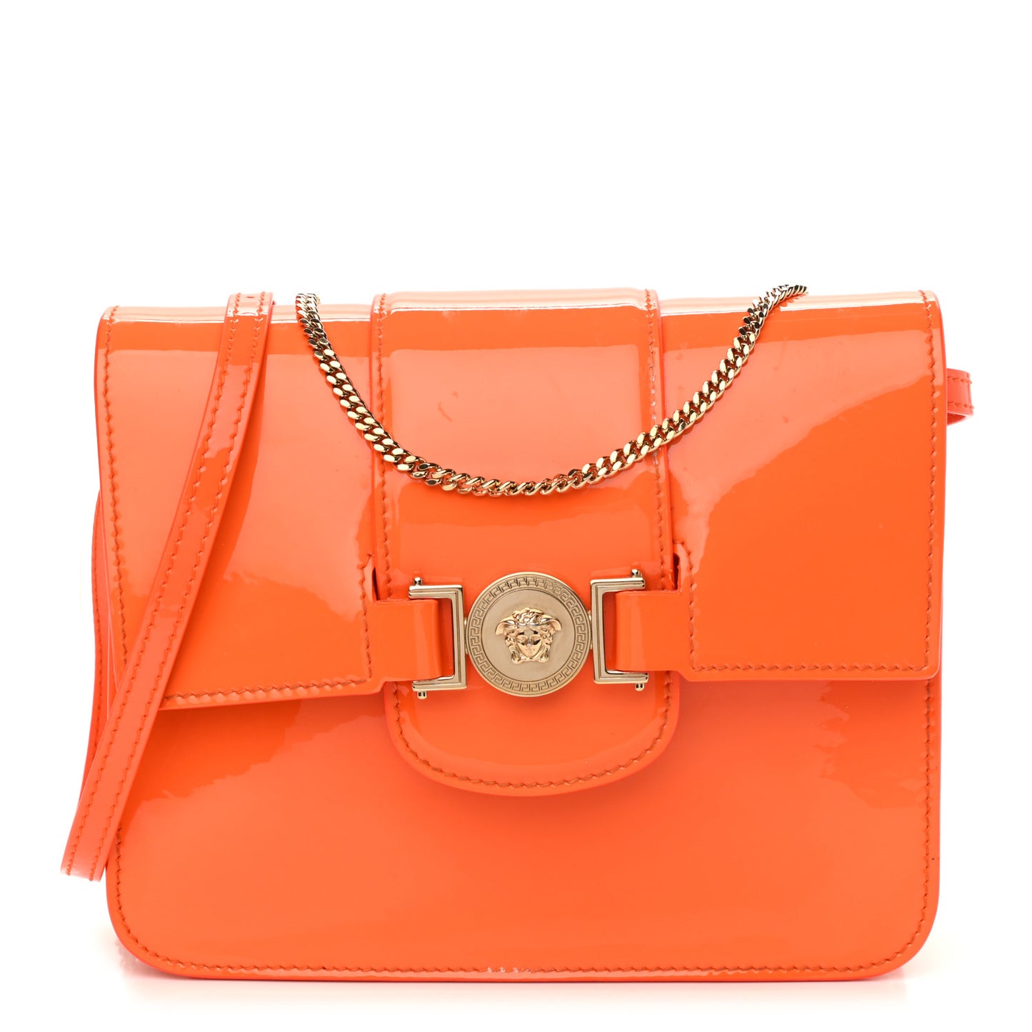 Patent Palazzo Medusa Chain Shoulder Bag Orange