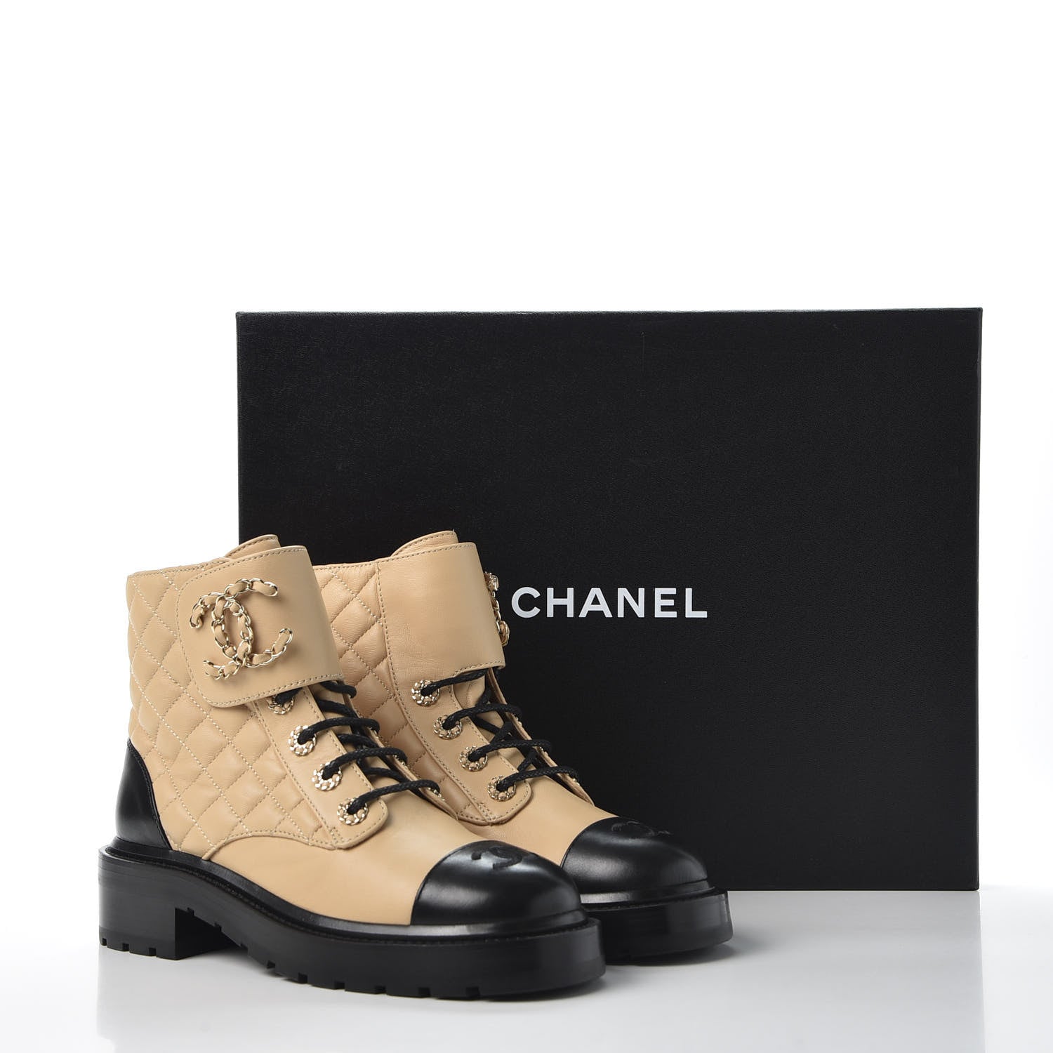 Chanel Lambskin Calfskin Quilted Lace Up Combat Boots 36.5 Beige Black 11 of 11