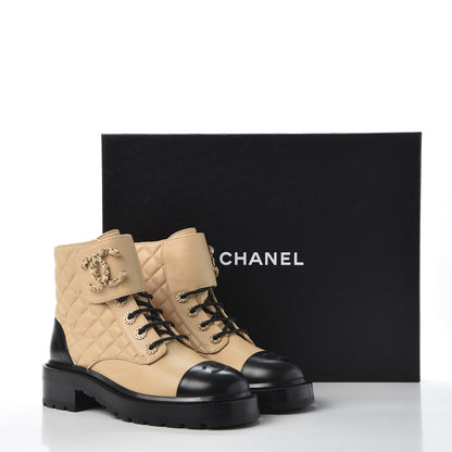 Chanel Lambskin Calfskin Quilted Lace Up Combat Boots 36.5 Beige Black 11 of 11