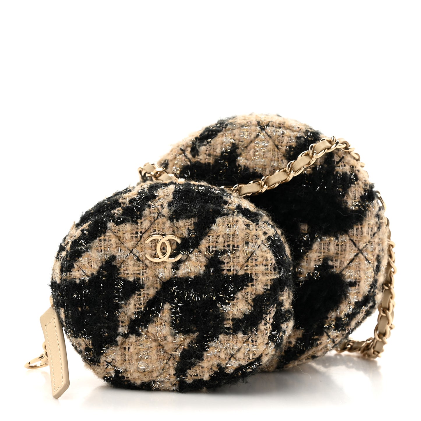 Tweed Shearling Round Clutch With Chain and Coin Purse Beige Black