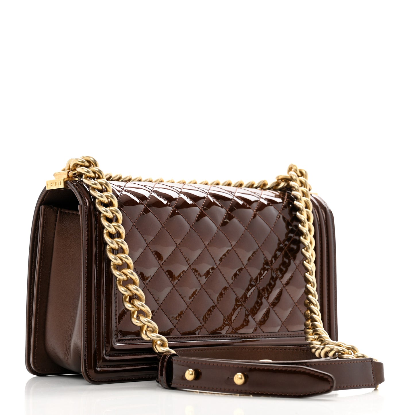 Metallic Patent Calfskin Quilted Medium Boy Flap Brown