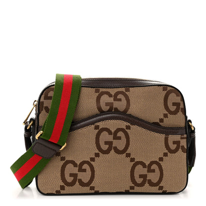 Gucci Monogram Jumbo GG Textured Dollar Calfskin Web Messenger Shoulder Bag Camel Ebony New Acero 1 of 9