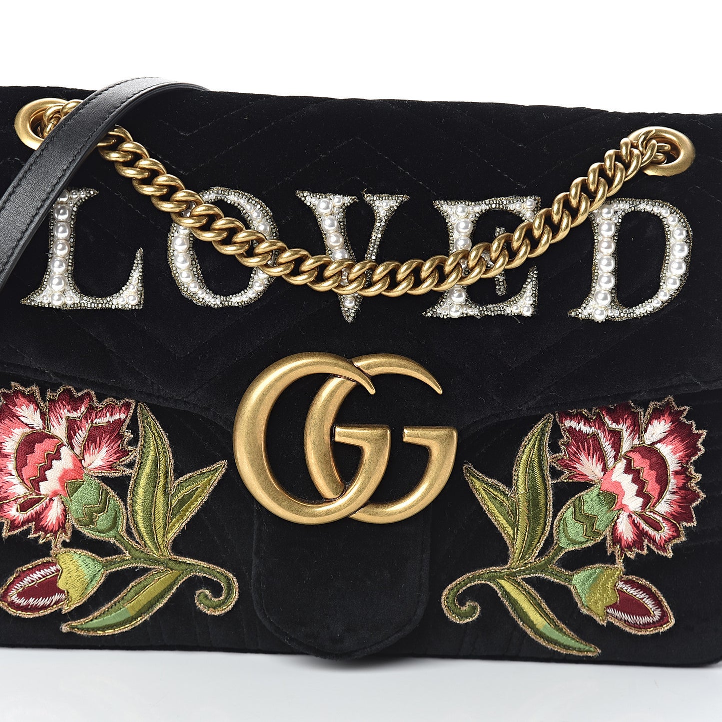 Velvet Matelasse Loved Embroidered Medium GG Marmont Shoulder Bag Black
