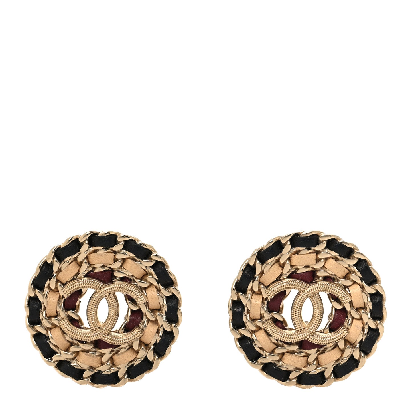 Metal Lambskin CC Round Earrings Black Gold