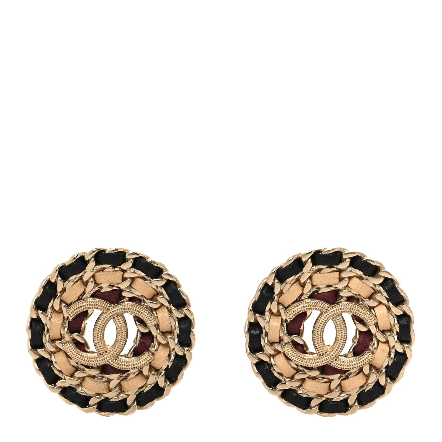 Chanel Metal Lambskin CC Round Earrings Black Gold 1 of 5